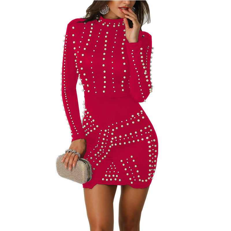 Bead High Neck Long Sleeve Bodycon Dress