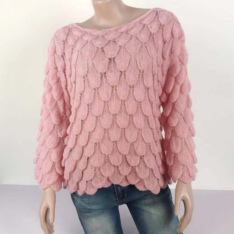 Hollow Out Feather Scoop Neck Sweater  