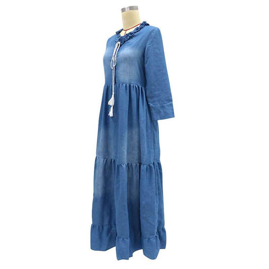 Loose Denim Ruffle Long Dress