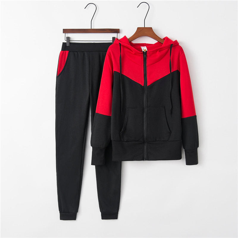 Casual Color Block Hooded Long Sleeve High Waist Pants Sets