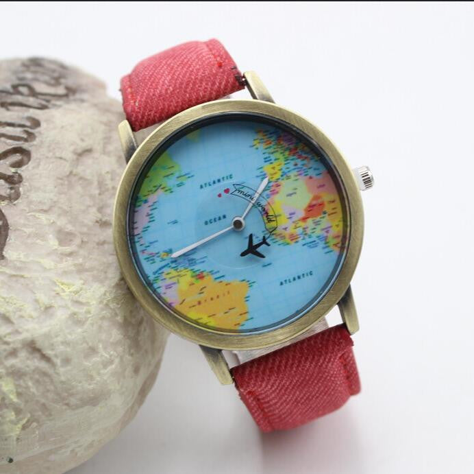 Denim Print Strap Map Plane Watch