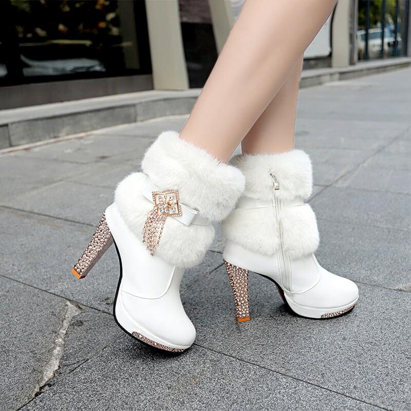 Rhinestone Fur High Heel Leather Calf Boots