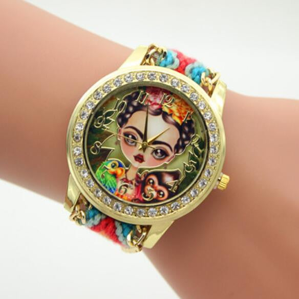 Beauty Girl Print Knitting Wool Strap Watch