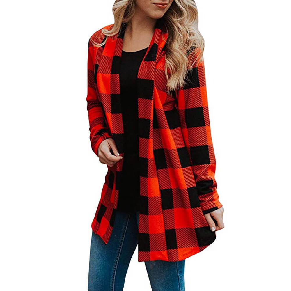 Simple Open Front Plaid Midi Blazer