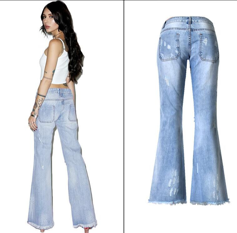 Fashion Low Waist Hole Long Wide Leg Denim Pants