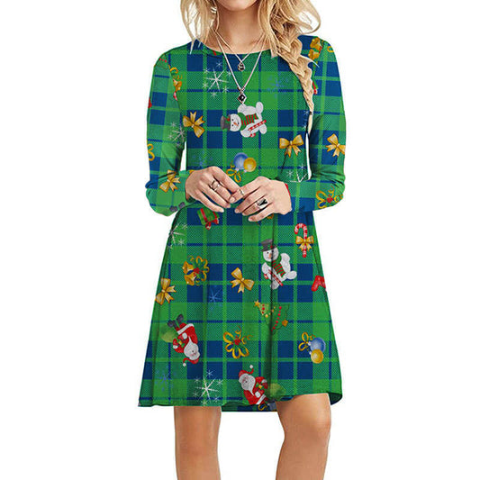 Christmas Plaid Cartoon Print Short Dress