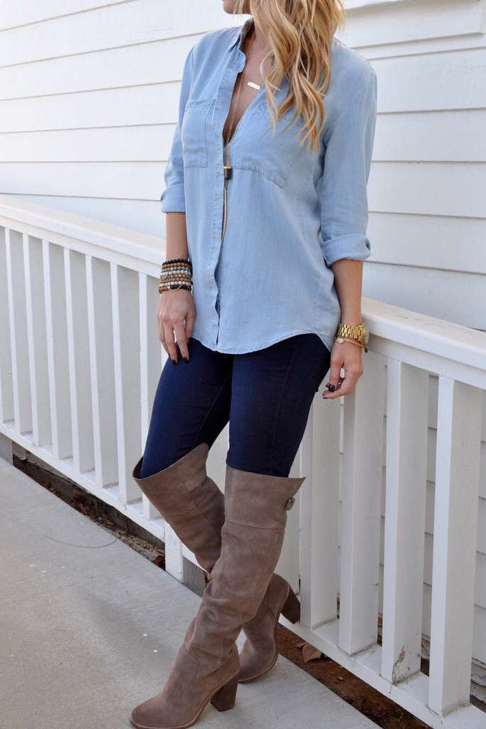 V-neck Pure Color Long Sleeves Denim Blouse