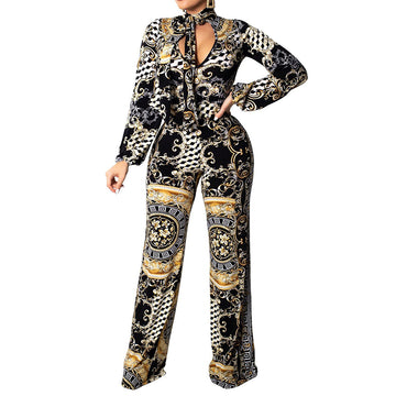 Print Wide Leg Bandage Long Jumpsuit