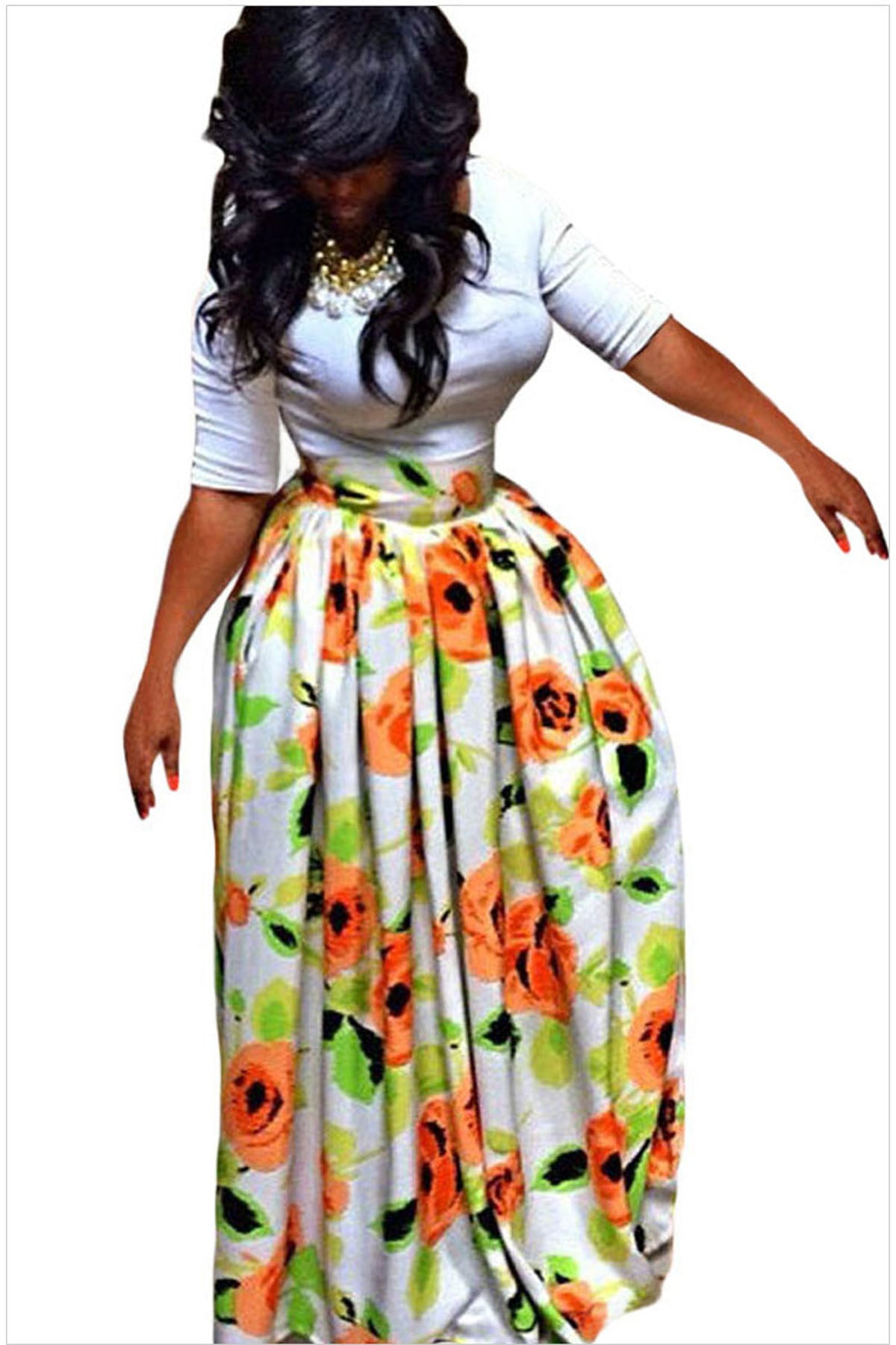 Retro Print Big Swing Loose Long Skirt