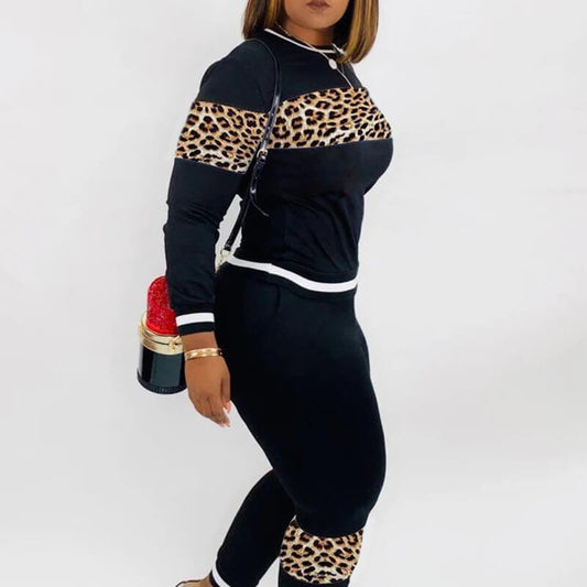 Patchwork Crop Top Leopard Pencil Pants Set