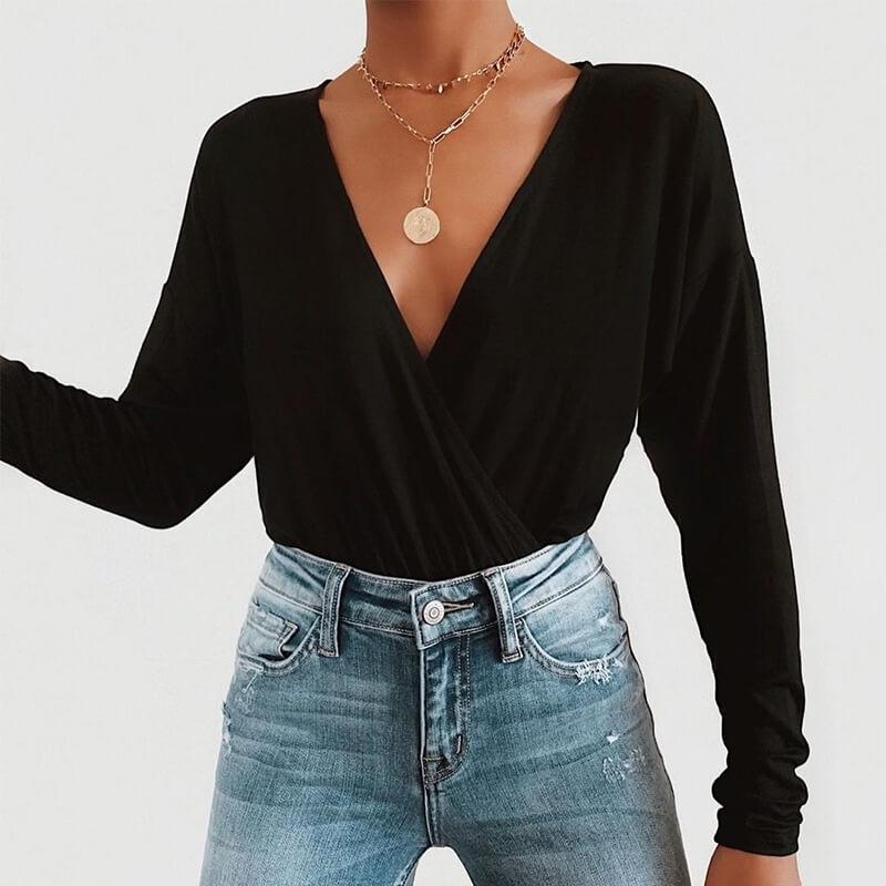 Summer Long Sleeves V Neck Slim Bodysuits