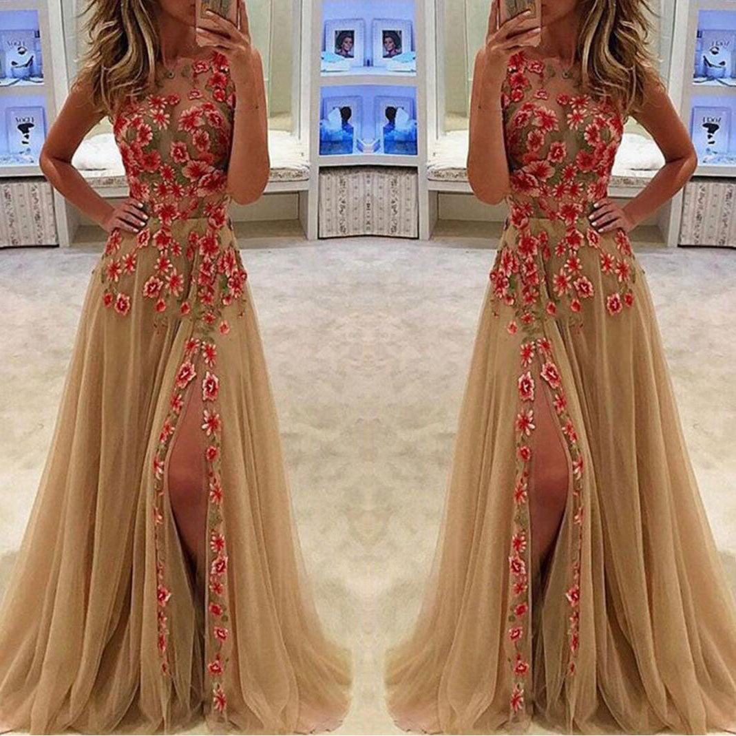 Lace Mesh Flower Embroidery Sleeveless Scoop Long Party Dress