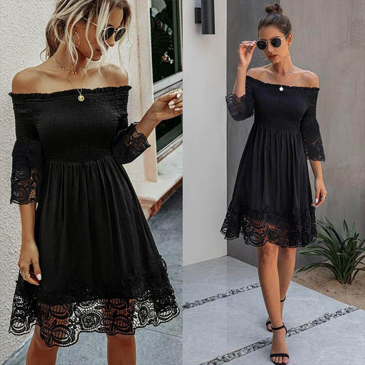 Off Shoulder Lace Hem Smocking Short Dress