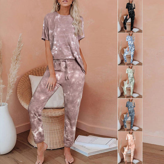 Pajamas Tie Dye Loose High Waist Short Sleeve Strap Two Pieces Set