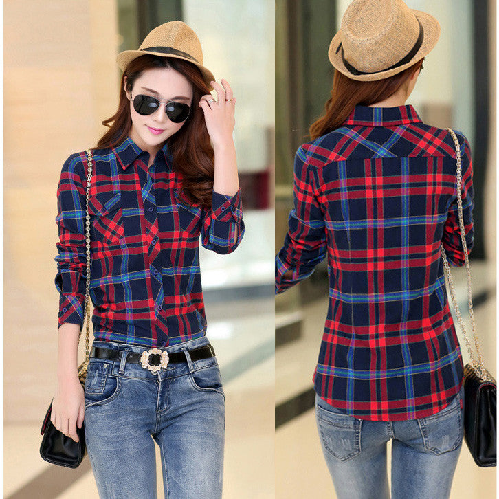 Turn-down Collar Plaid Flower Print Long Sleeves Slim Button Blouse