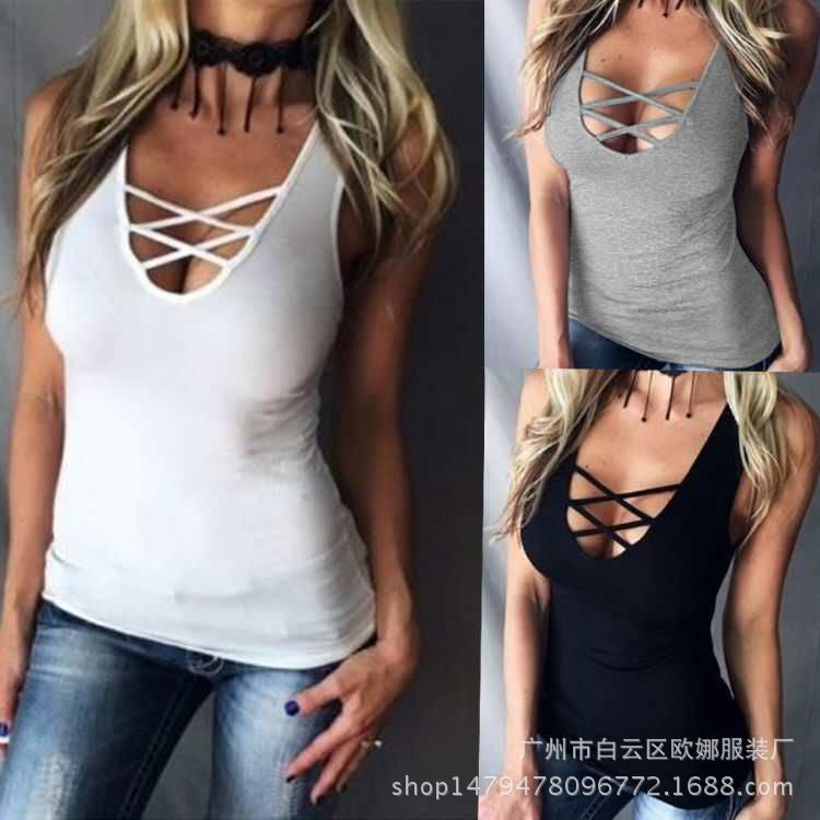 V-neck Straps Cross Pure Color Sleeveless Tank Top