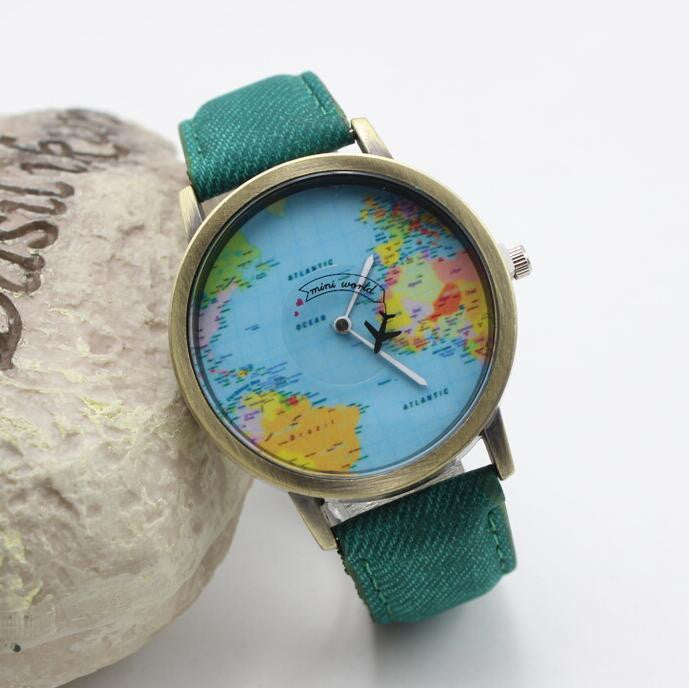 Denim Print Strap Map Plane Watch