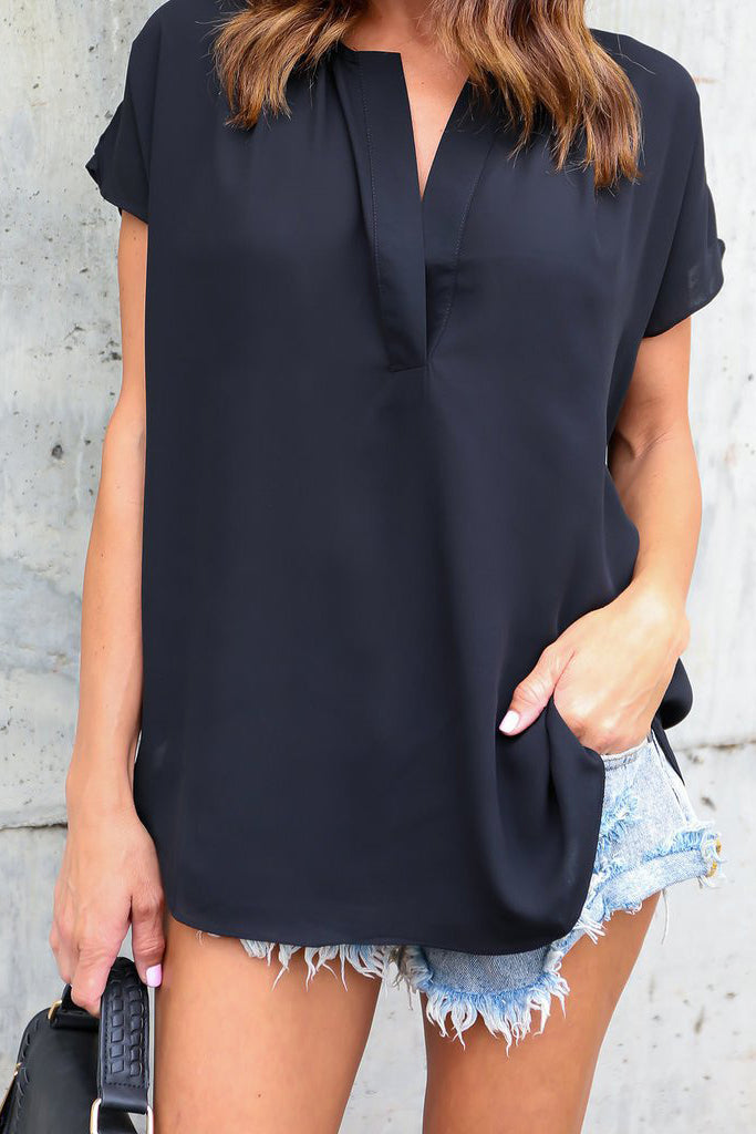 Short Sleeves V-neck Pure Color Chiffon Blouse