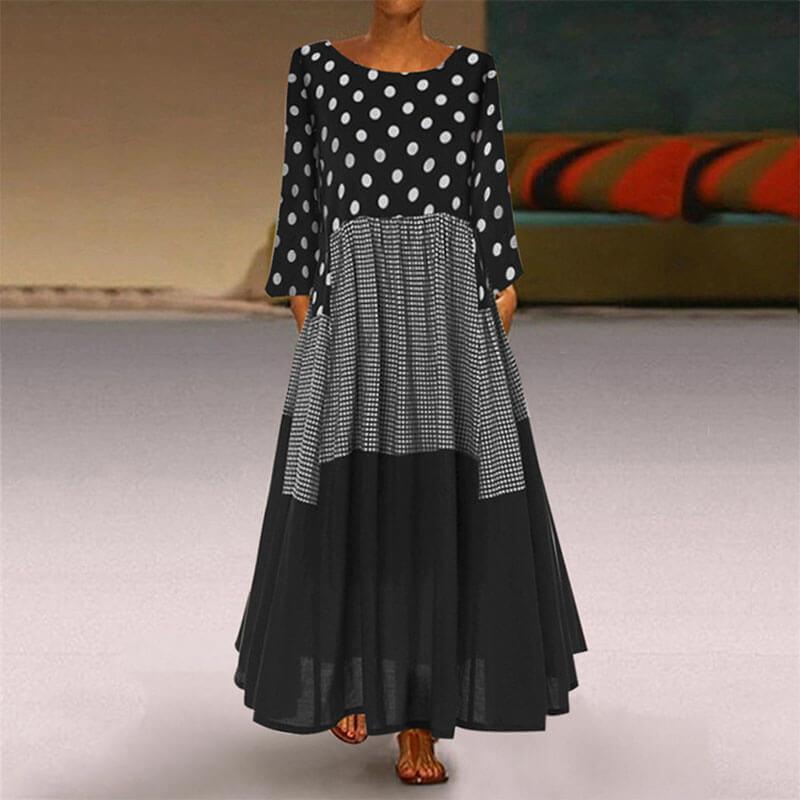 Retro Polka Dots Patchwork Large Hem Long Dress