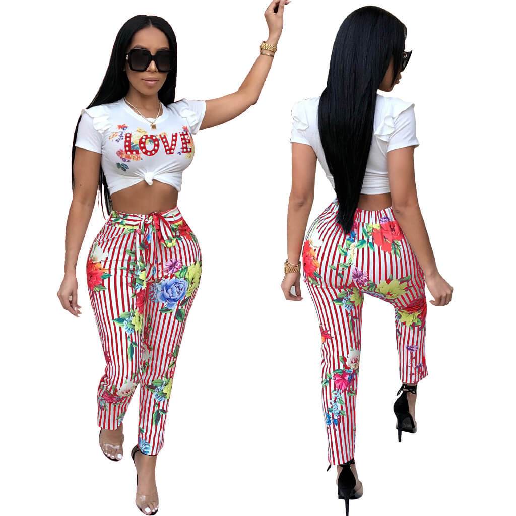 Letter Crop Top Striped Print Skinny Pants Set