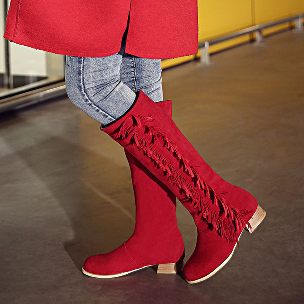 Round Head Tassels Chunky Heel High Boots