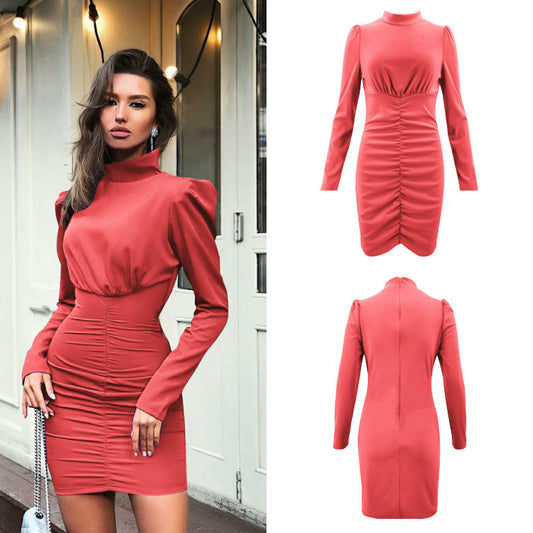 Turtleneck Empire Waist Ruched Dress