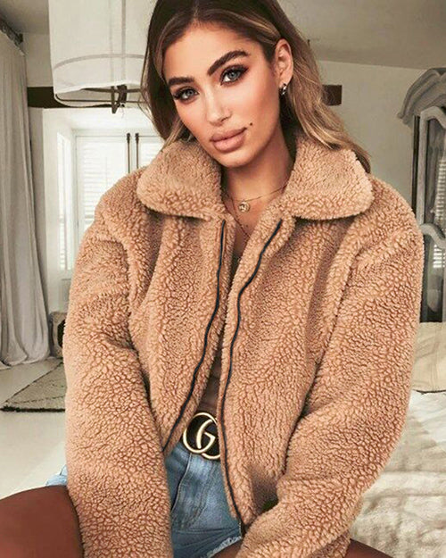 Lapel Zipper Solid Color Women Cropped Faux Fur Teddy Coat