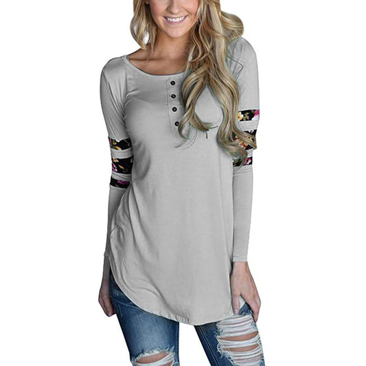 Patchwork Buttons Long Sleeves Loose Long Irregular T-shirt