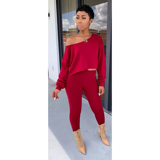 One Shoulder Crop Top High Waist Skinny Pants Set