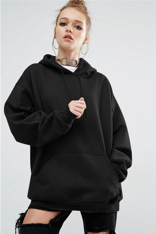 European Style Loose Solid Color Pocket Long Hoodie