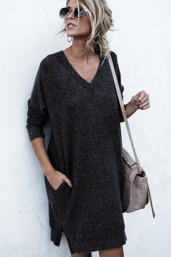 Loose Pure Color Sweetheart Pockets Long Sweater