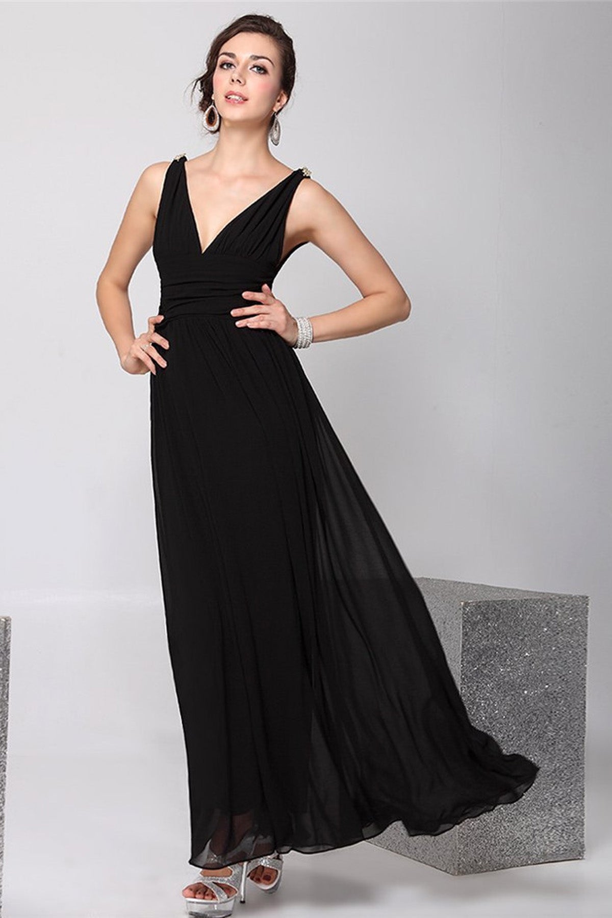 V-neck Straps High Waist Backless Long Chiffon Party Dress