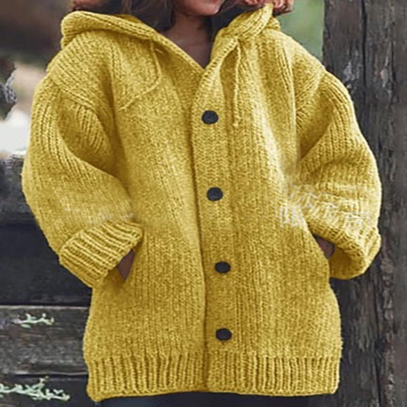 Pure Color Hooded Knit Cardigan Sweater