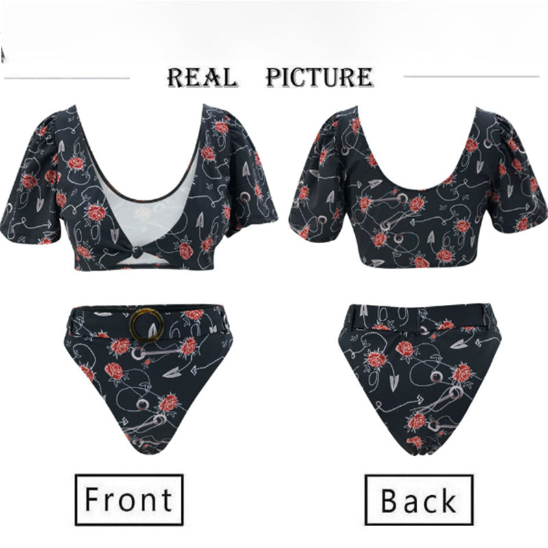 Puff Sleeve V Neck Print Two Pieces Bikini