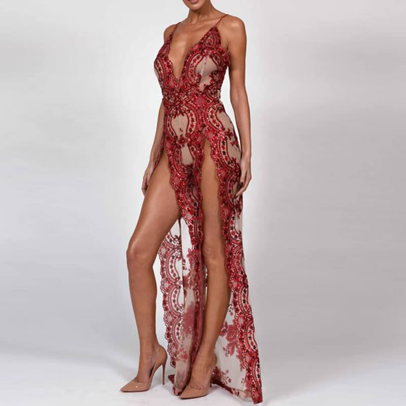 Glitter Mesh Flowy Split See THrough Jumpsuits