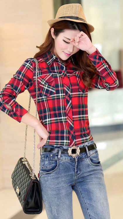 Turn-down Collar Plaid Flower Print Long Sleeves Slim Button Blouse