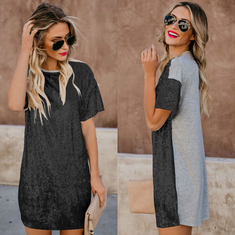 Sequin Splice Sweatshirt Short Dress