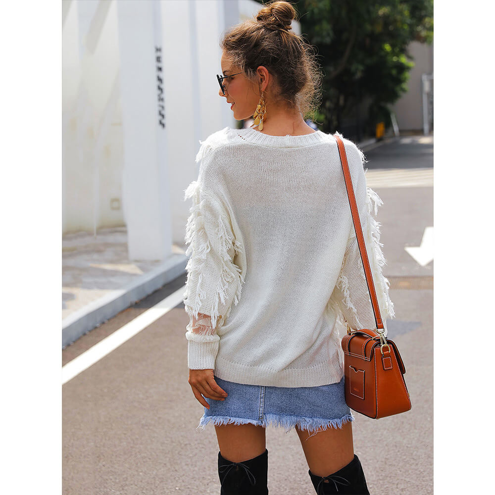 V-Neck Lace Tassel Long Sleeve Women Sweater