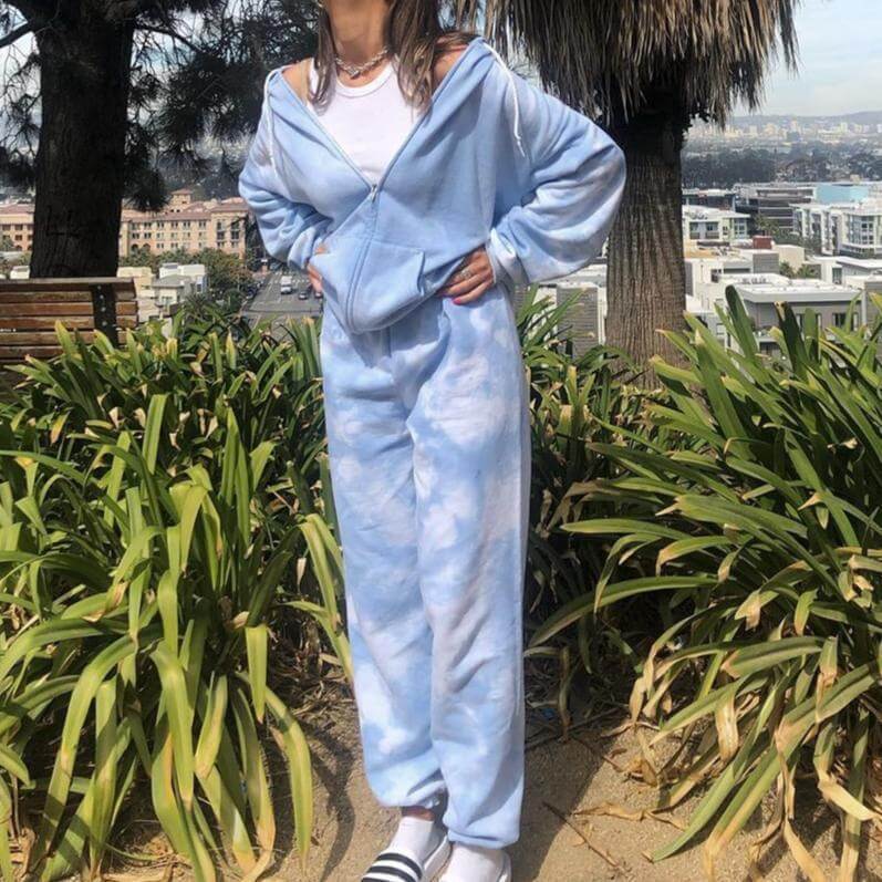 Casual Blue Print Loose High Waist Long Sleeve Zipper Two Pieces Set