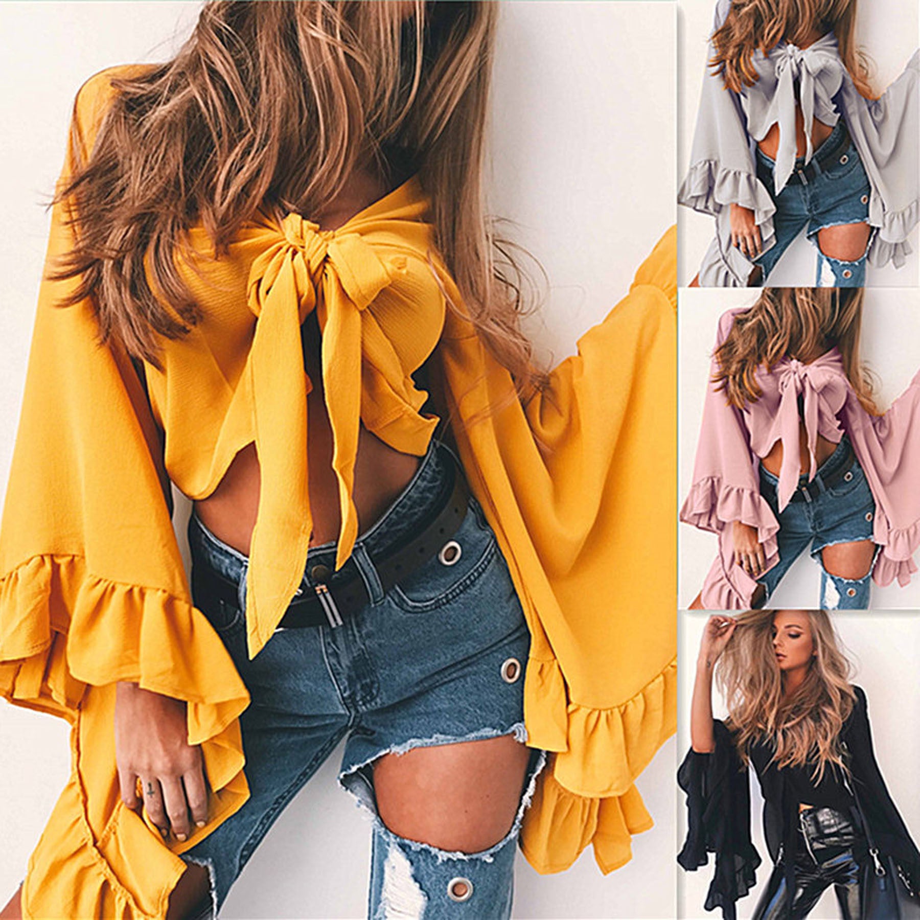 Pure Color Long Trumpet Sleeves Irregular Short Blouse