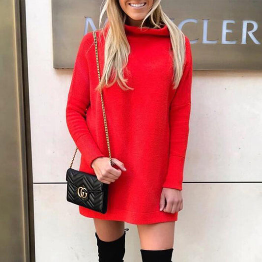 Loose Plain O Neck Long Sleeve Mini Dress