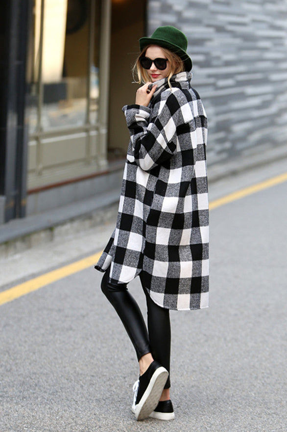 Plaid Button Loose Long Blouse