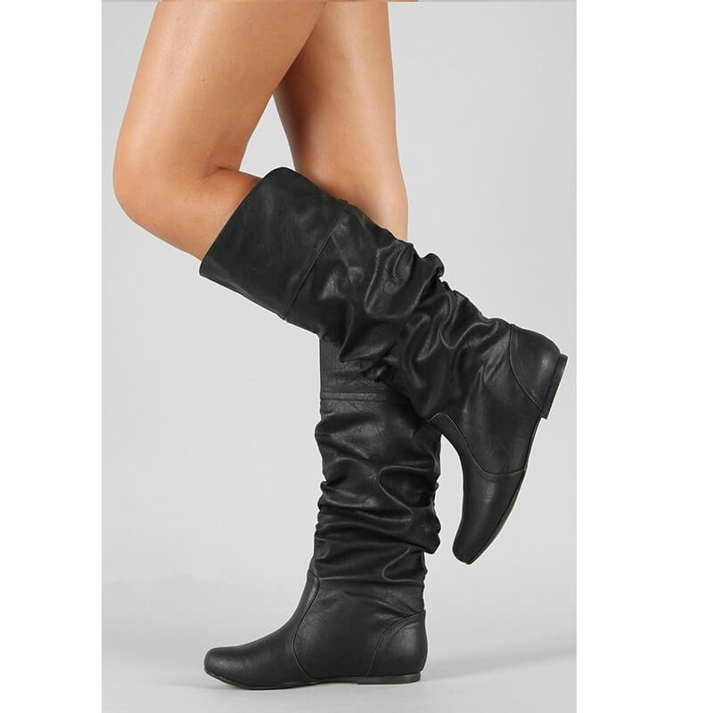 Leather Mid Calf Fold Flat Boots