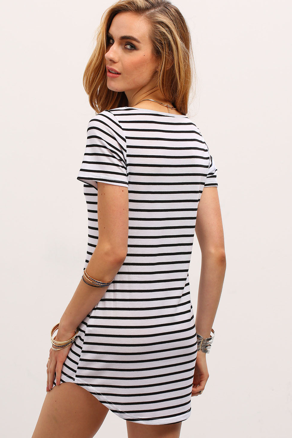 Short Sleeves Stripe Irregular Short Dress