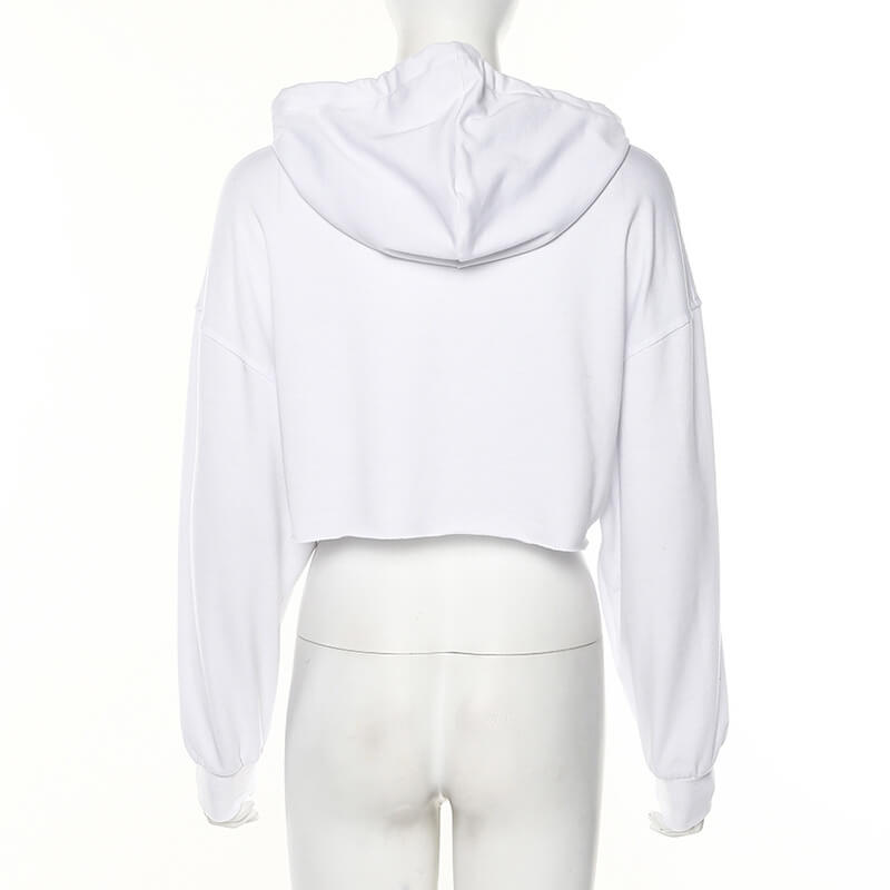 White Drawstring Letter Print Cropped Hoodies