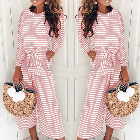 Long Sleeves Wide Leg Stripe Cropped Jumpsuit