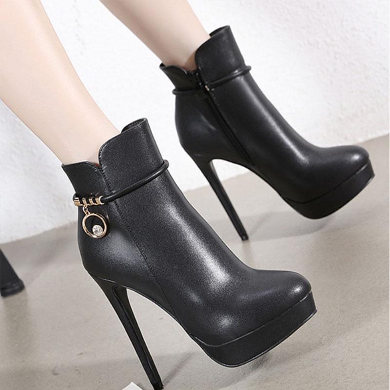 Black PU Platform Zipper High Heel Ankle Boots