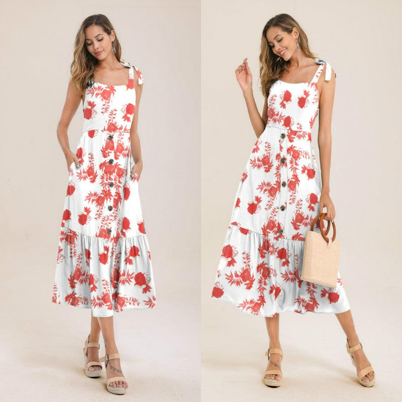 Tight Floral Strap A Line Long Dress