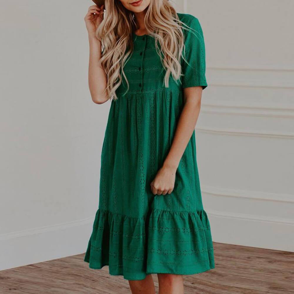 Short Sleeve Eyelet Midi Green Dress