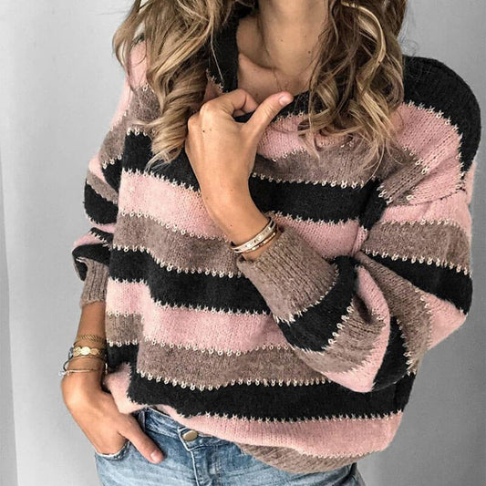 Crewneck Colorblock Striped Knit Sweater